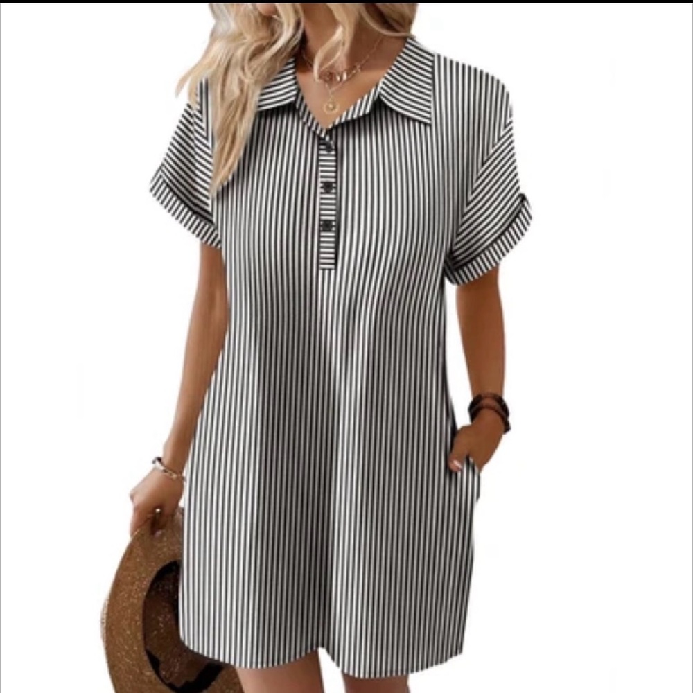 Striped Collared Half Button Up T-shirt Dress M 100% Cotton Summer Vacation Pool